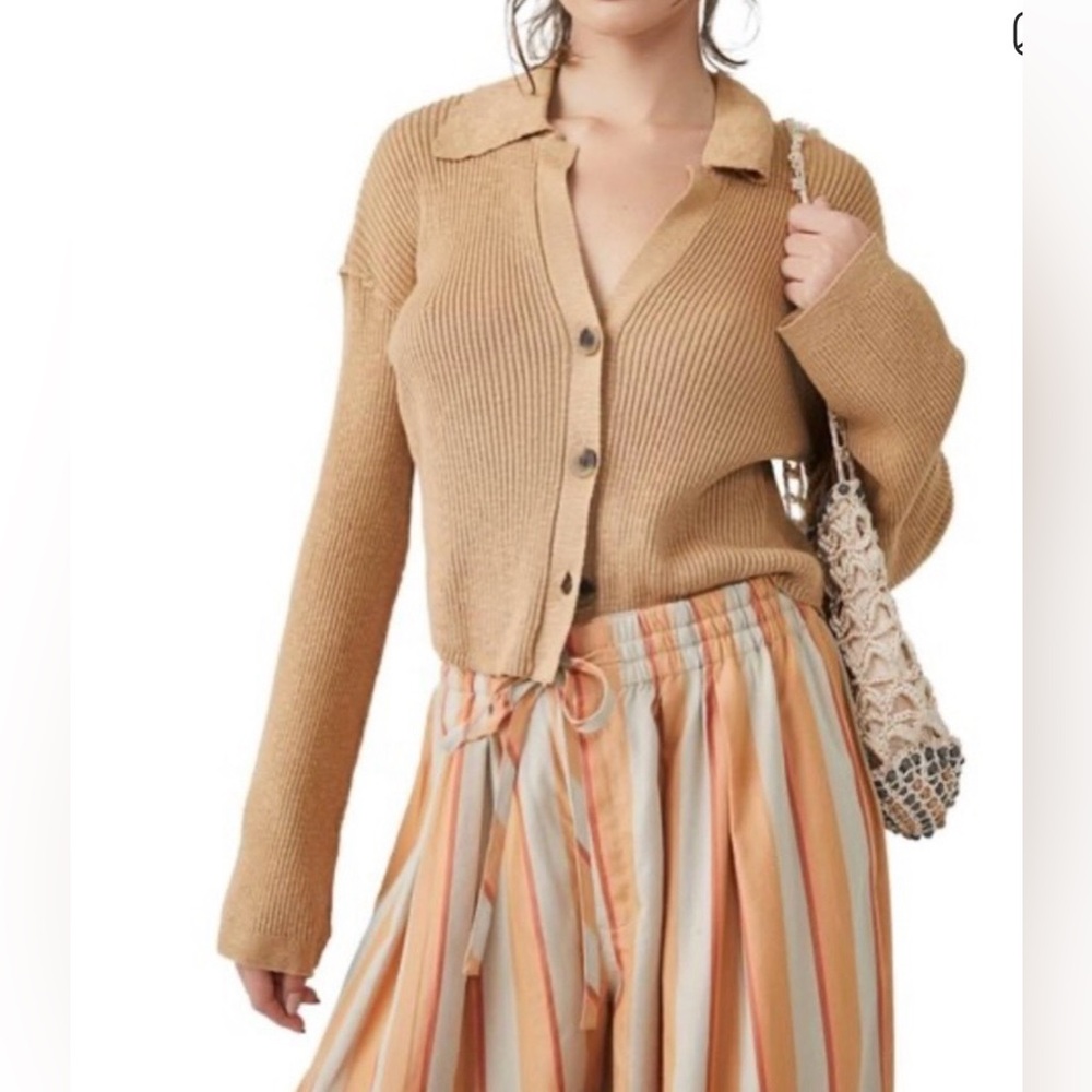 Free People Camel Ribbed Cardigan